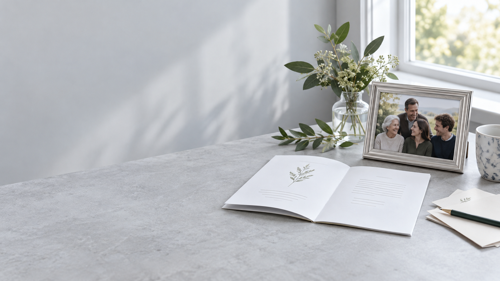 Illustration of a booklet, family photograph and planning notes